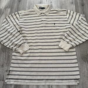 POLO Ralph Lauren Long Sleeve Polo Shirt Mens XL Tan Striped 100% Cotton Mesh